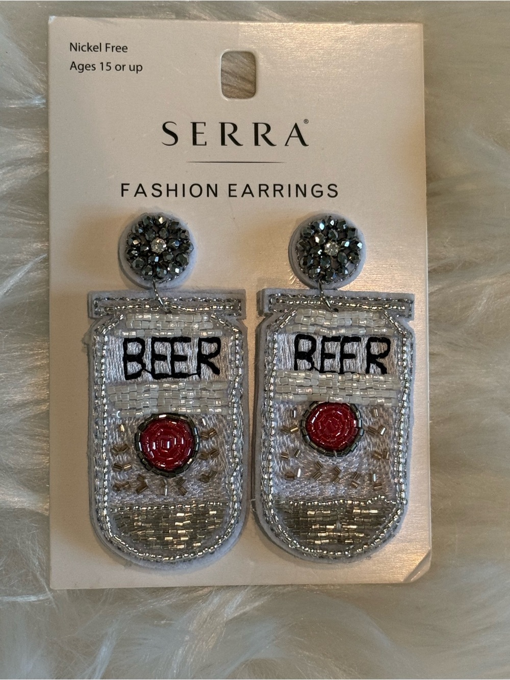 SERRA ALDI NEW Beer Can Dangle White Women's Fashion Earrings Party Bling